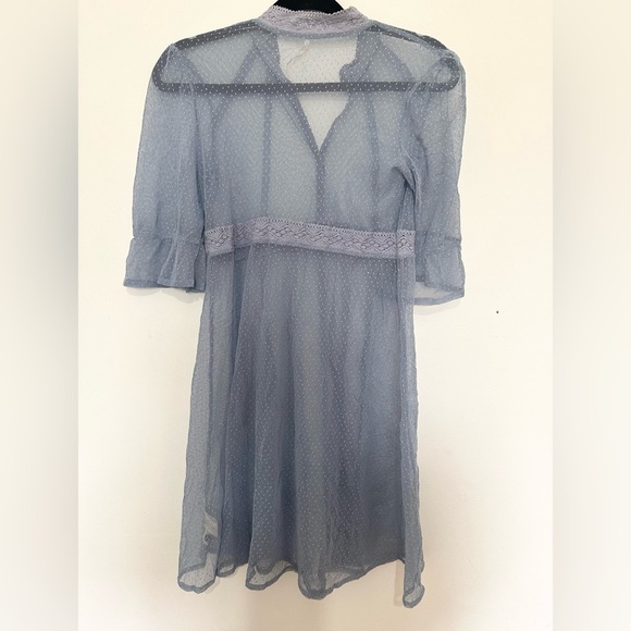 FREE PEOPLE Periwinkle Blue Bittersweet Lace Bishop Sleeve Mini Dress sheer SP - Picture 3 of 3